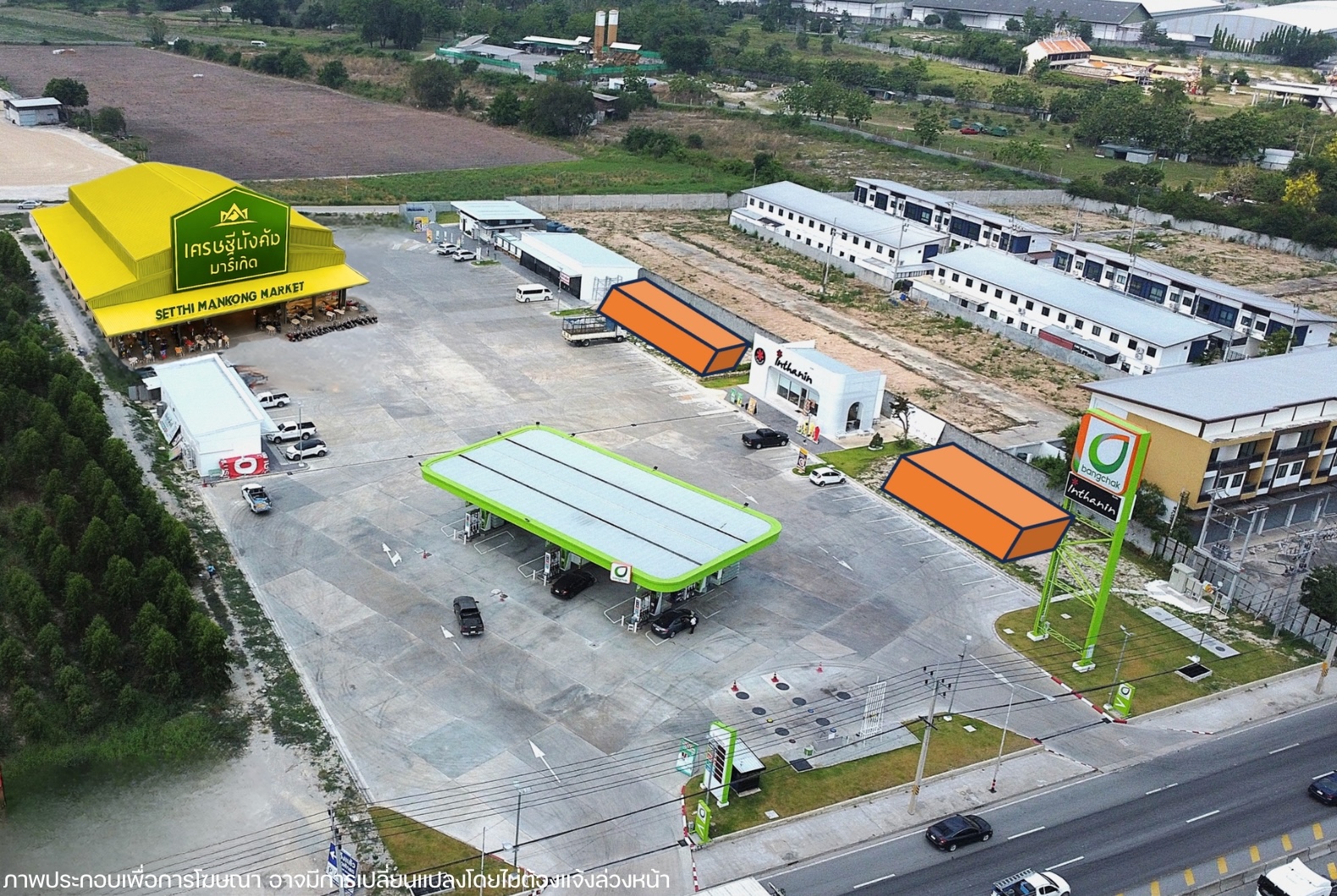 ภาพมุมสูงโครงการเศรษฐีมั่งคั่ง มาร์เก็ต – ปั๊มบางจาก ซีเคซี บ้านบึง